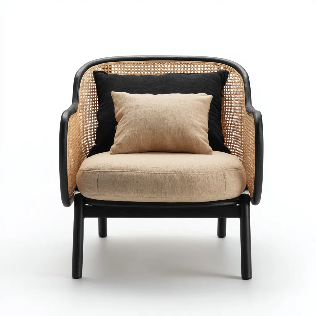 Fauteuil de jardin - rotin-bois-tissu - 77x70x82 cm - beige-noir - style contemporain-Interiorsta
