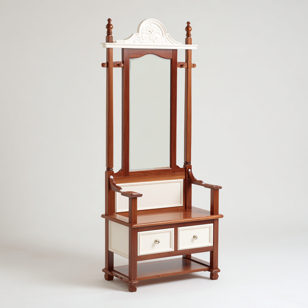 Porte manteau bois massif avec miroir et siège intégré 92x48x184 cm - brun - crème - pour entrée - style rétro-Interiorsta