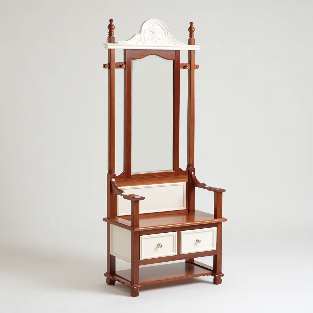 Porte manteau bois massif avec miroir et siège intégré 92x48x184 cm - brun - crème - pour entrée - style rétro-Interiorsta