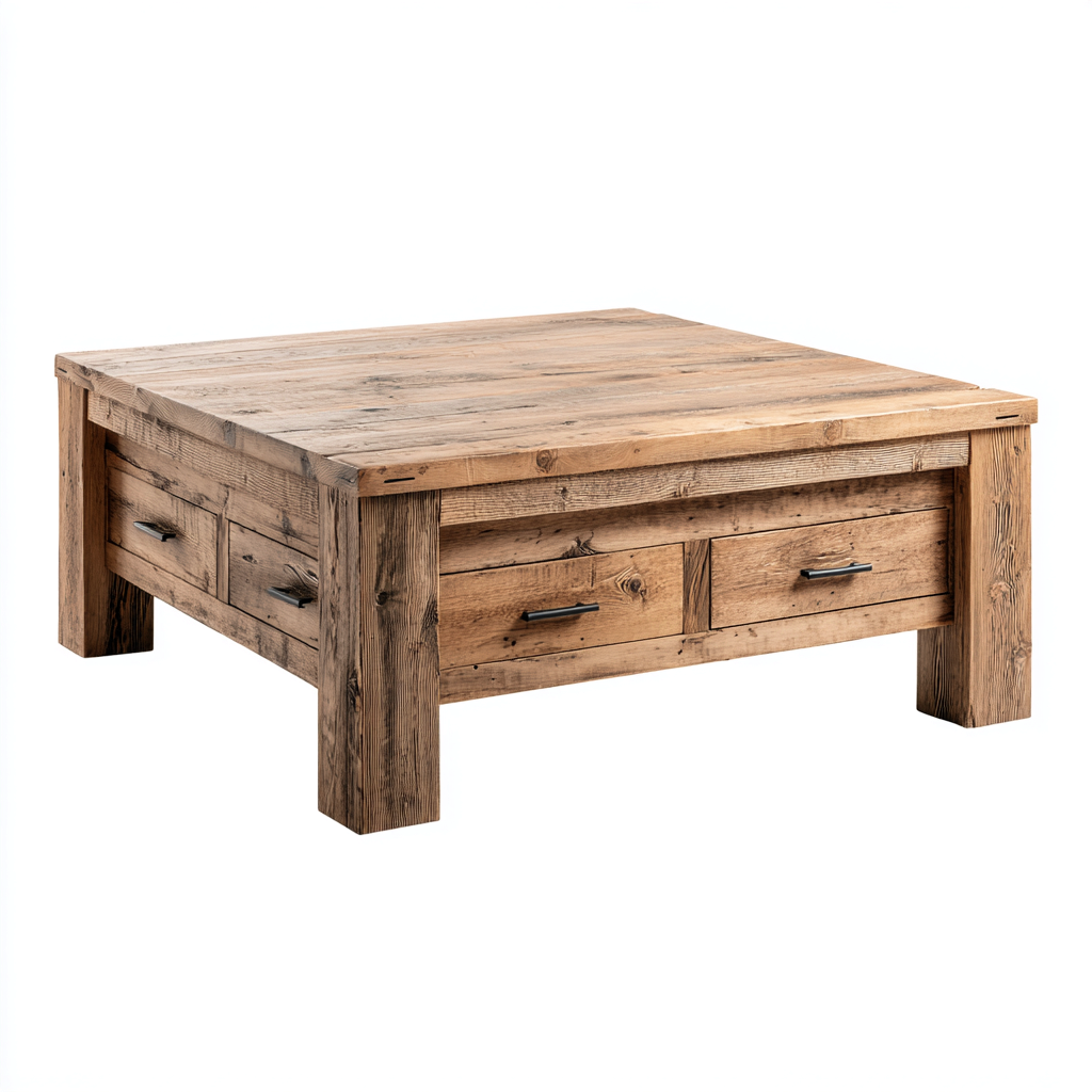 Table basse bois rustique 100x100x45 cm design massif - rangement tiroirs-Interiorsta