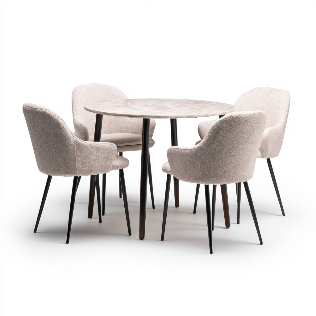Ensemble table et chaises - marbre-métal-tissu - 118x118x75 cm - beige-blanc-noir - style contemporain-Interiorsta