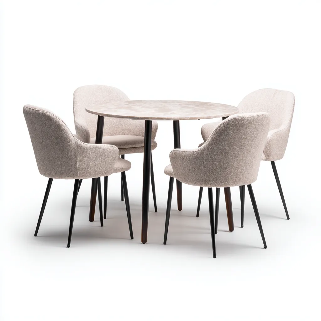 Ensemble table et chaises - marbre-métal-tissu - 118x118x75 cm - beige-blanc-noir - style contemporain-Interiorsta