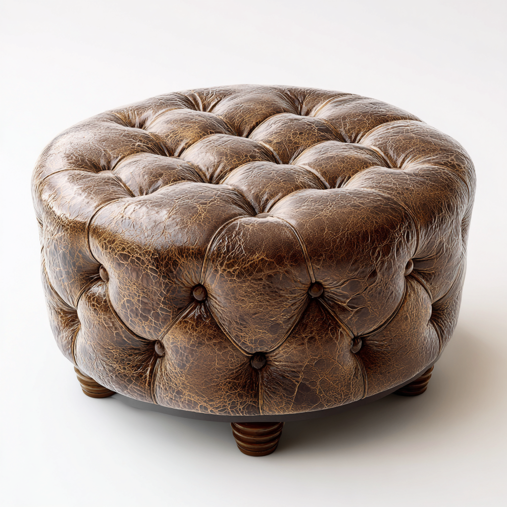 Pouf rond capitonné en cuir marron – 80x80x45 cm – marron – style classique Chesterfield-Interiorsta