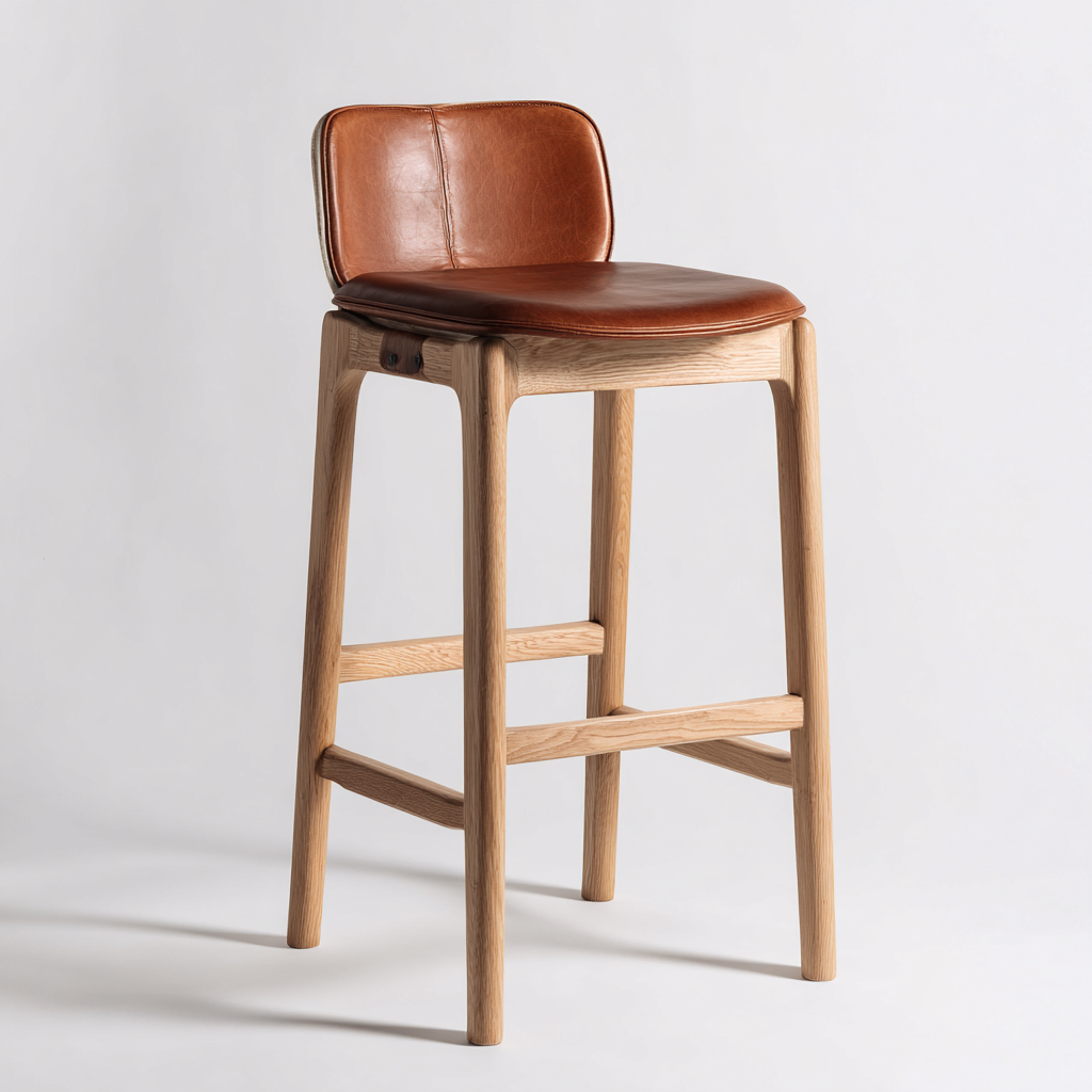 Tabouret de bar - bois - cuir - 45x45x95 cm - marron - chêne clair - design moderne pour salle à manger-Interiorsta