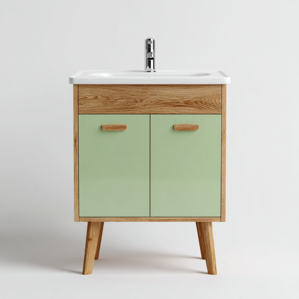 Meuble vasque-bois-céramique-79x46x88 cm-vert sauge-design scandinave-Interiorsta