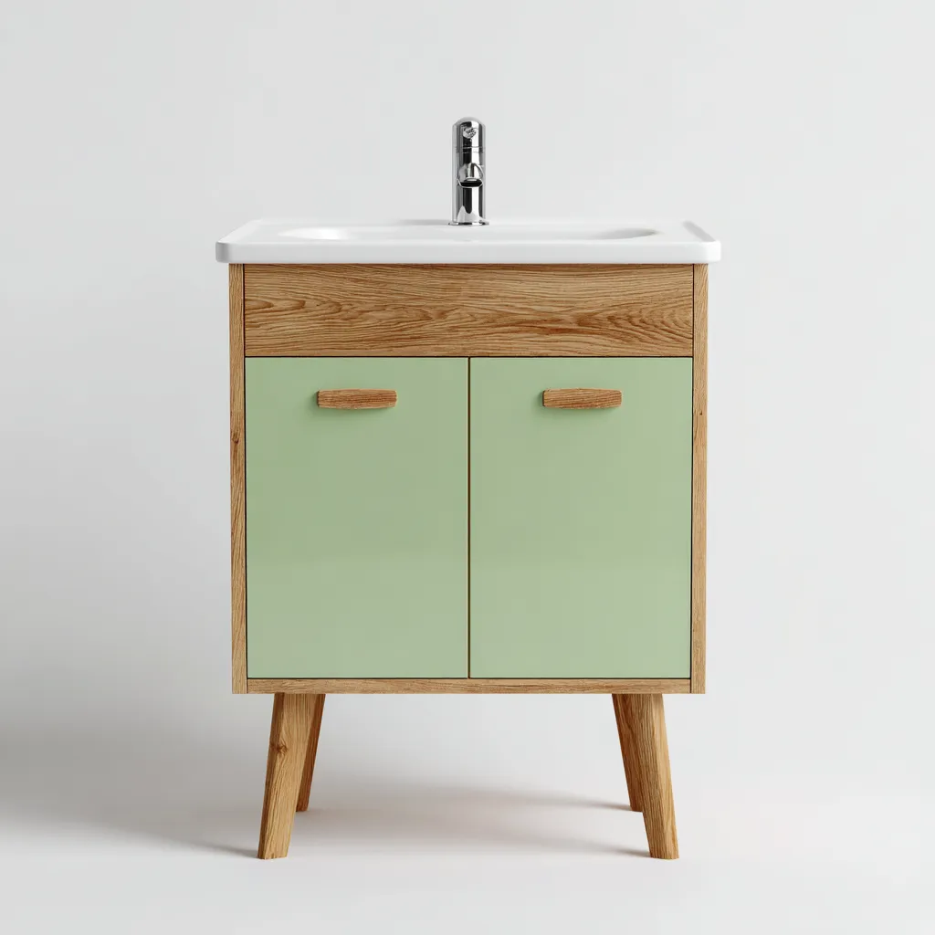 Meuble vasque-bois-céramique-79x46x88 cm-vert sauge-design scandinave-Interiorsta