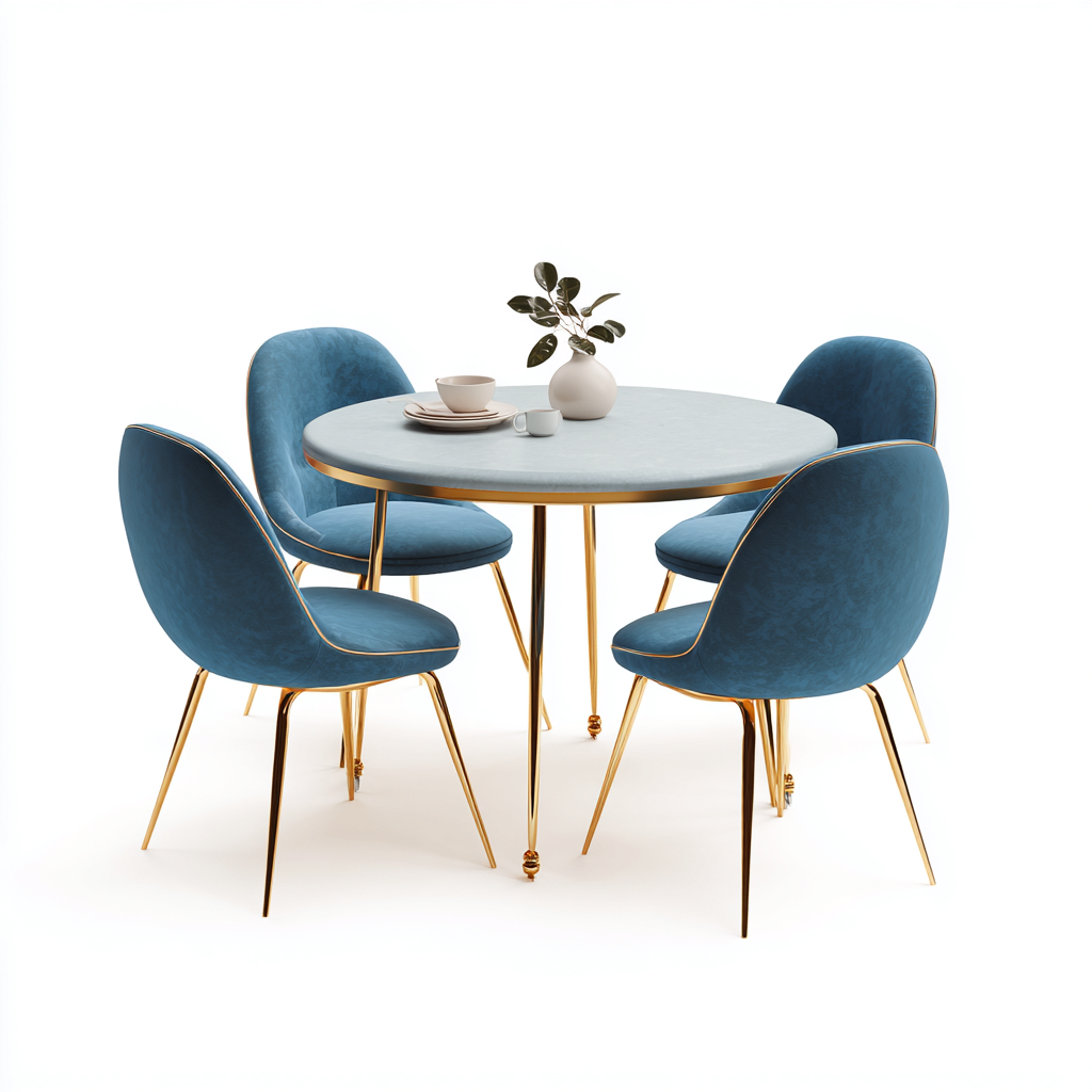 Ensemble table et chaises-marbre-velours-métal-110x110x75 cm-bleu-doré-style contemporain-Interiorsta