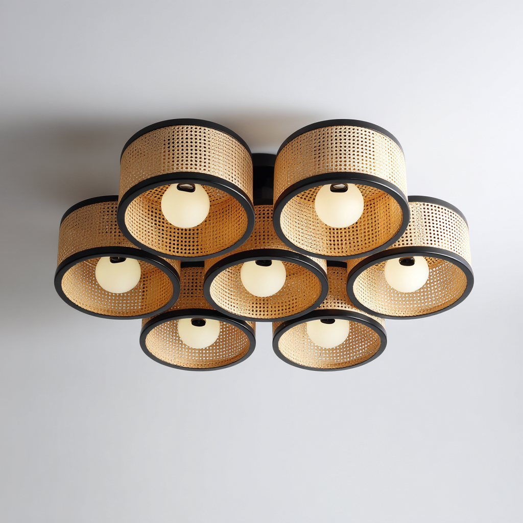 Plafonnier rotin 70x70 cm - beige-noir - éclairage décoratif - style naturel-Interiorsta