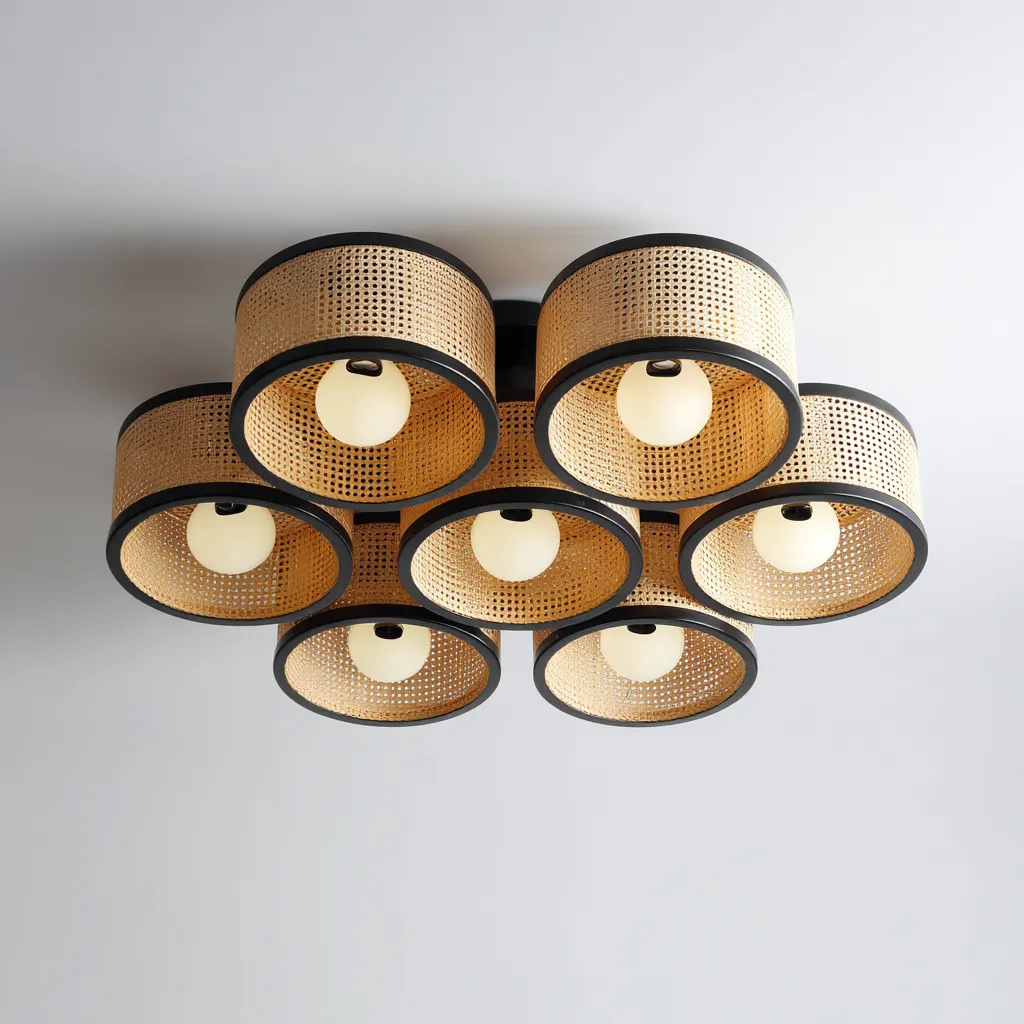 Plafonnier rotin 70x70 cm - beige-noir - éclairage décoratif - style naturel-Interiorsta