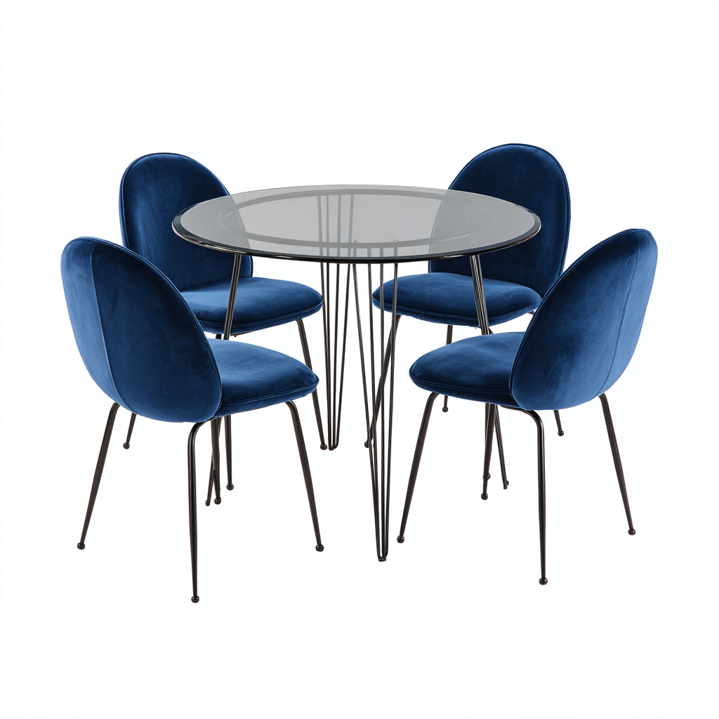 Ensemble table et chaises-verre-velours-métal-100x100x75 cm-bleu-noir-style contemporain-Interiorsta