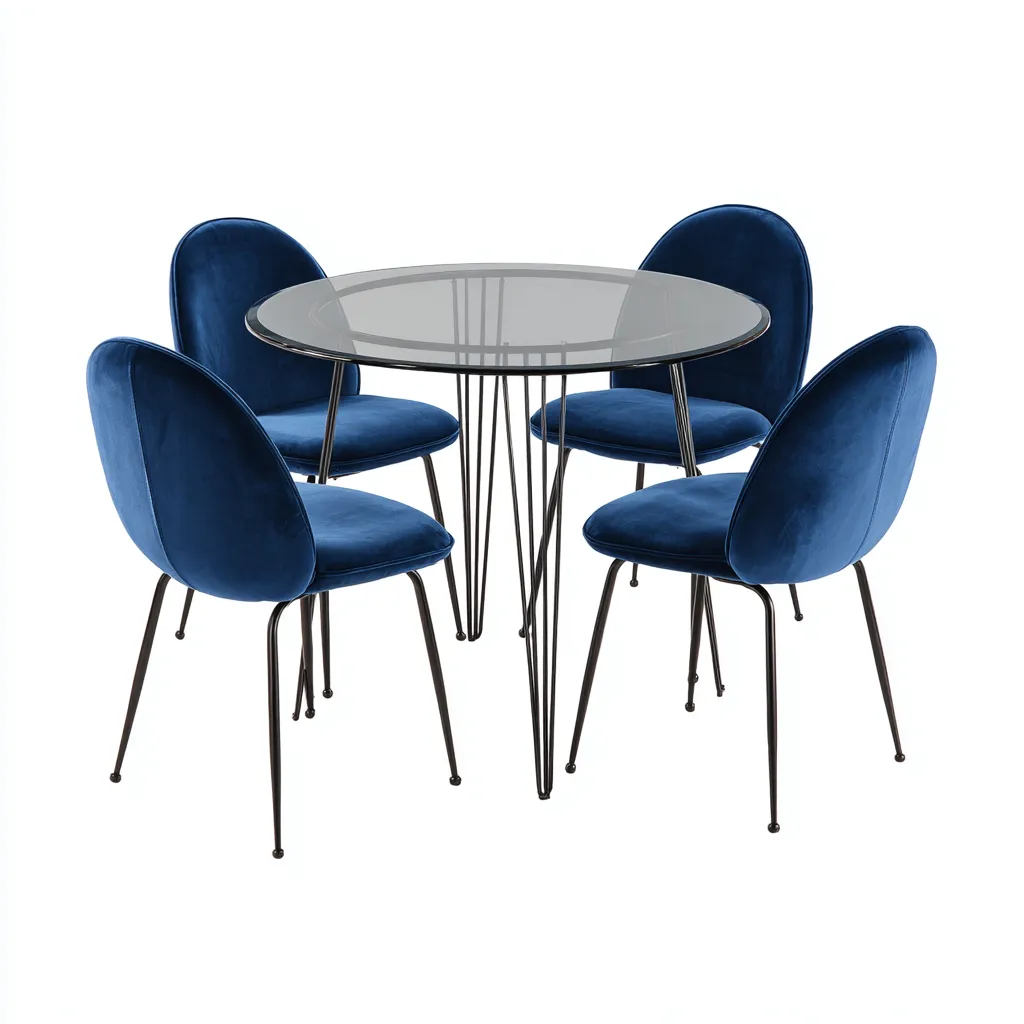 Ensemble table et chaises-verre-velours-métal-100x100x75 cm-bleu-noir-style contemporain-Interiorsta
