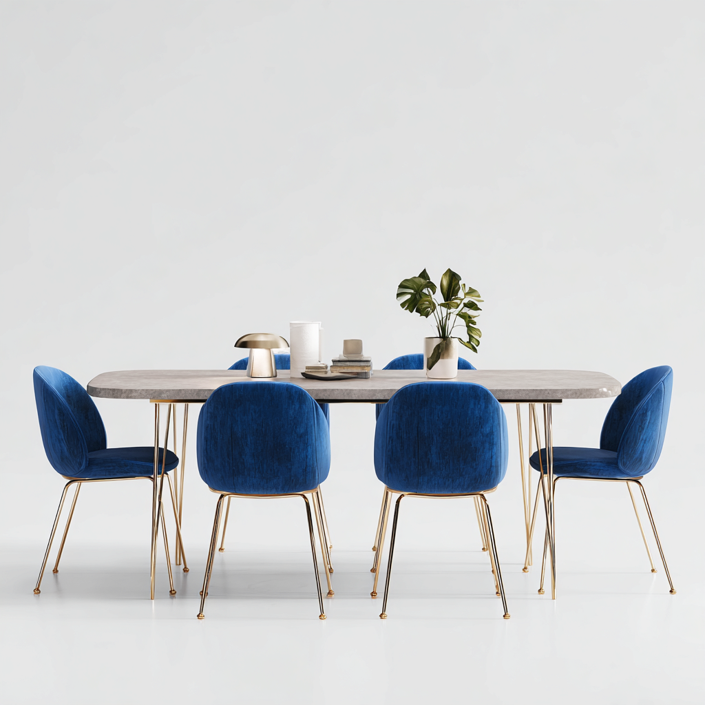 Ensemble table et chaises-marbre-velours-métal-180x90x75 cm-bleu-doré-style contemporain-Interiorsta