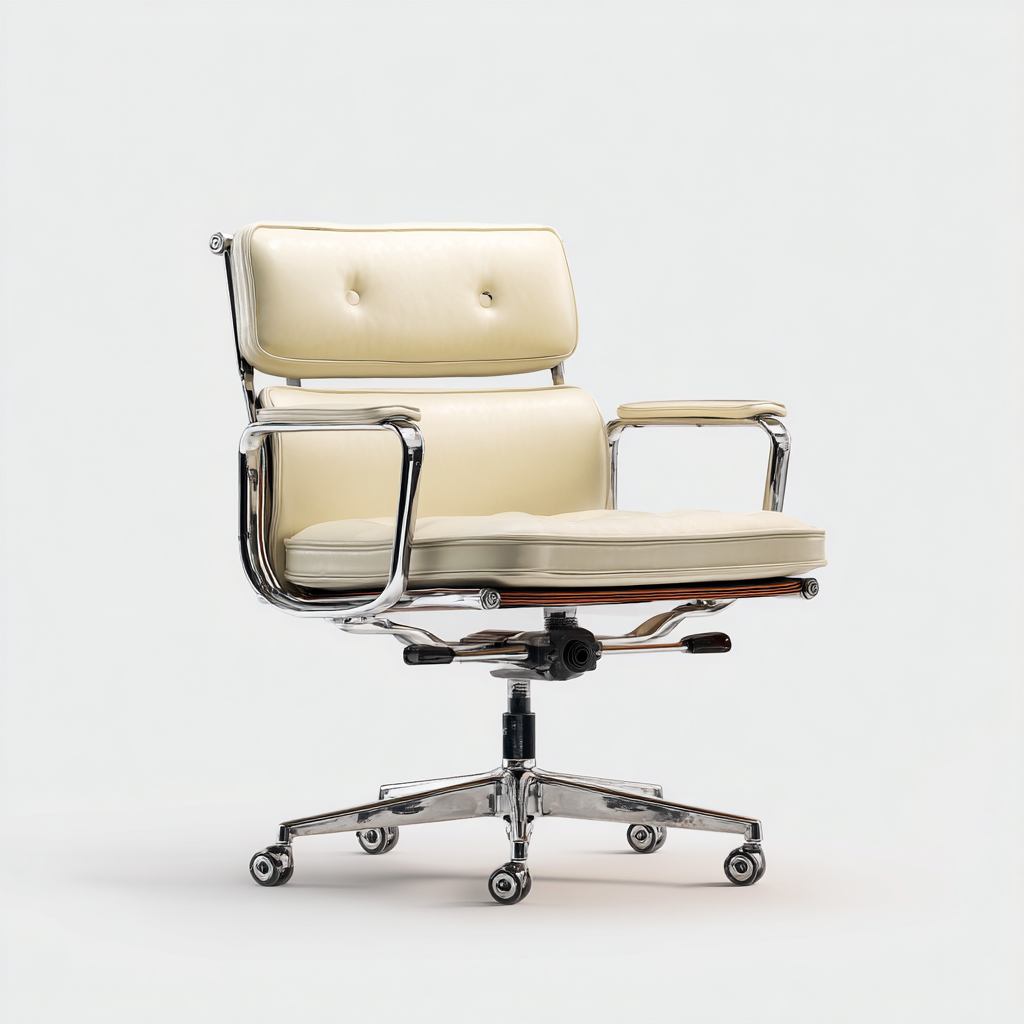 Chaise de bureau en cuir 60x55x90 cm - crème - chrome - design ergonomique adaptée au bureau-Interiorsta