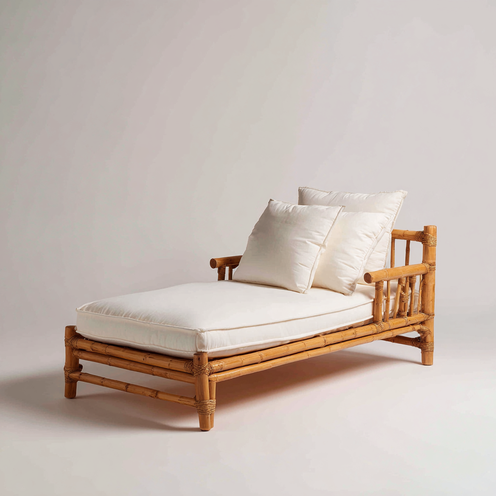 Chaise longue en bambou 180x80x75 cm - naturel - coussin beige - style bohème - usage intérieur - extérieur-Interiorsta