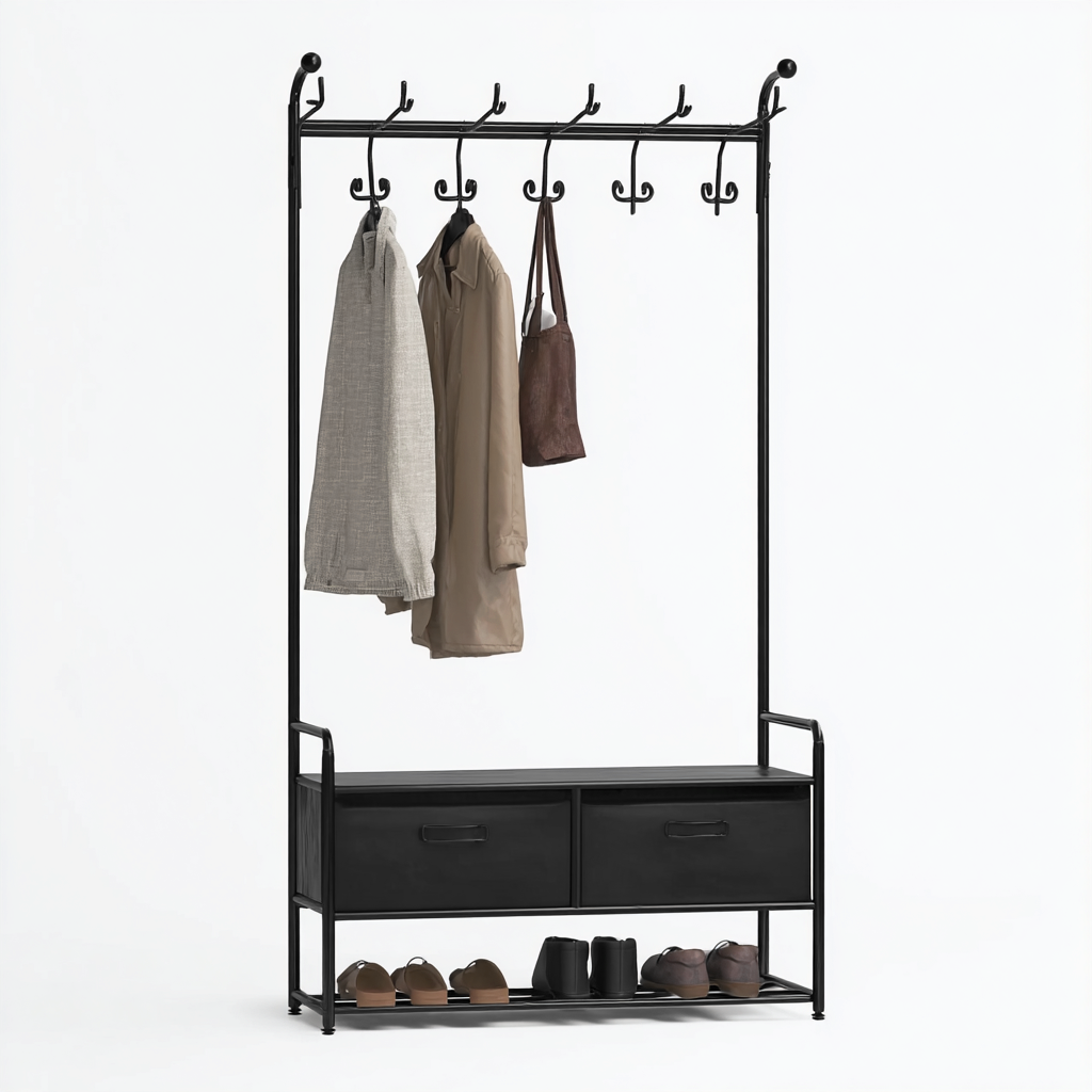 Porte manteau - métal - 90x35x180 cm - noir - adapté à l'entrée - avec banc de rangement et étagère chaussures - design moderne-Interiorsta