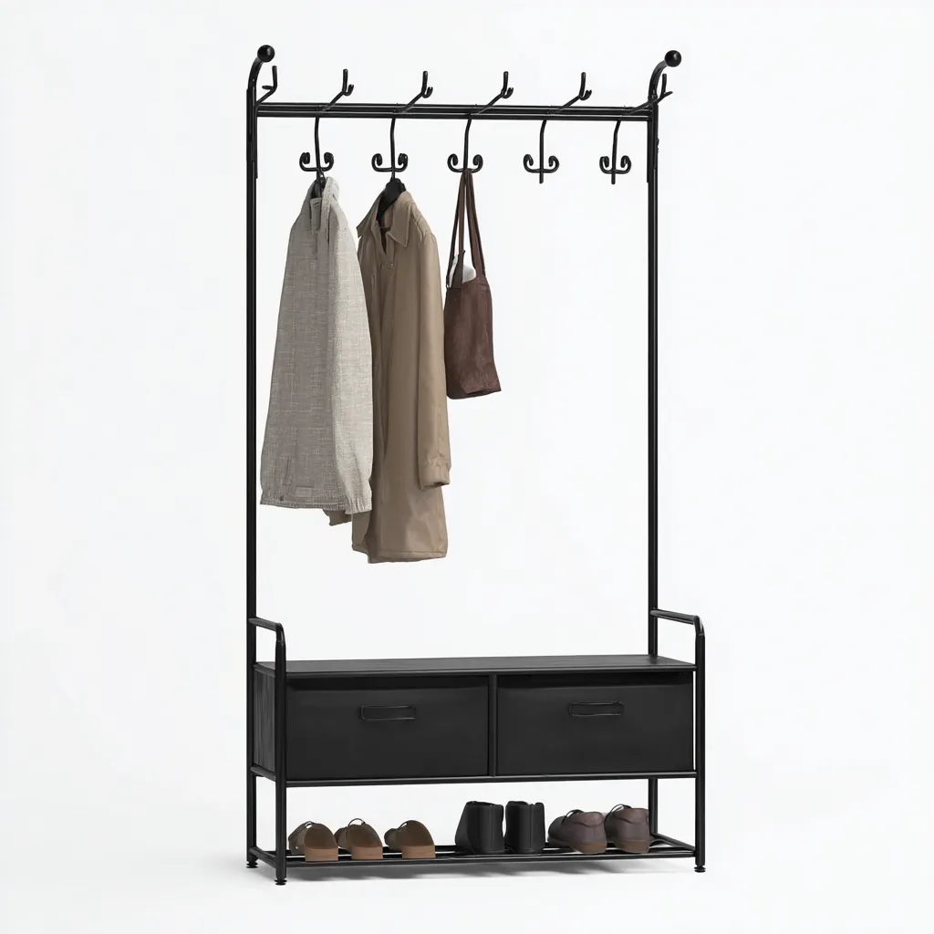 Porte manteau - métal - 90x35x180 cm - noir - adapté à l'entrée - avec banc de rangement et étagère chaussures - design moderne-Interiorsta