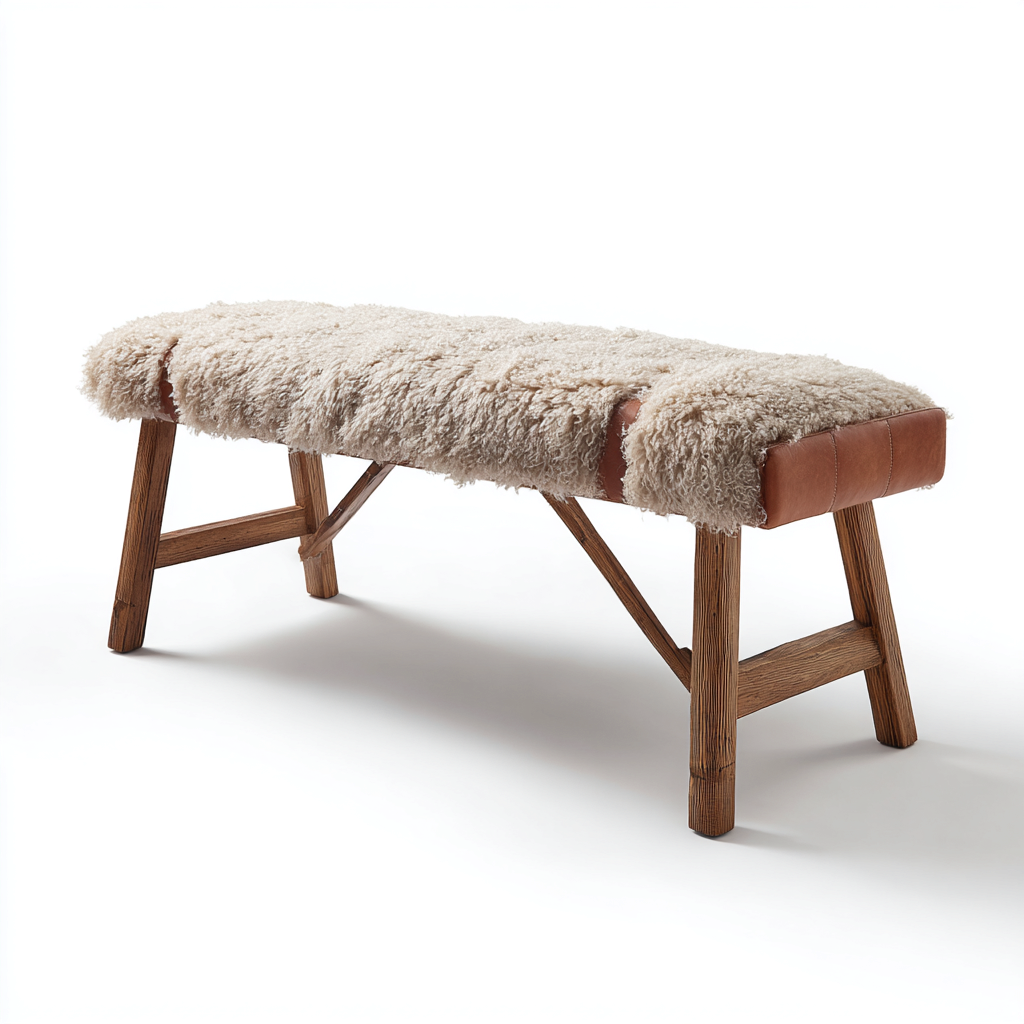 Banc de lit fourrure synthétique-bois 118x38x47 cm - beige-marron - style rustique-Interiorsta