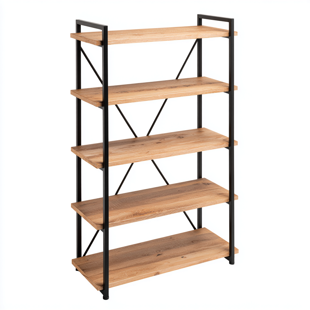 Bibliothèque industrielle - Bois-Metal - 60x30x150 cm - Bois clair-Noir - Design moderne et élégant-Interiorsta