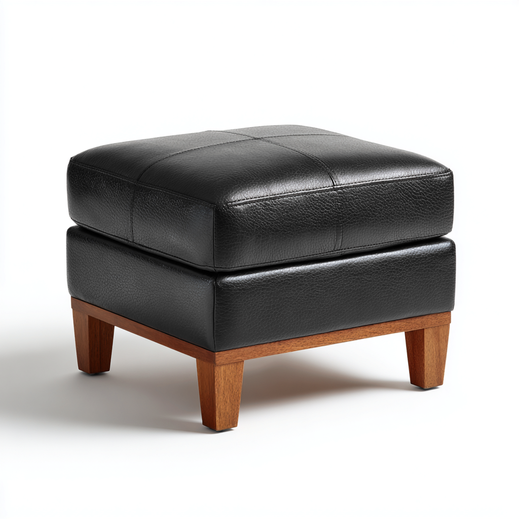 Pouf carré en cuir noir avec base en bois – 45x45x40 cm – noir – design moderne élégant-Interiorsta