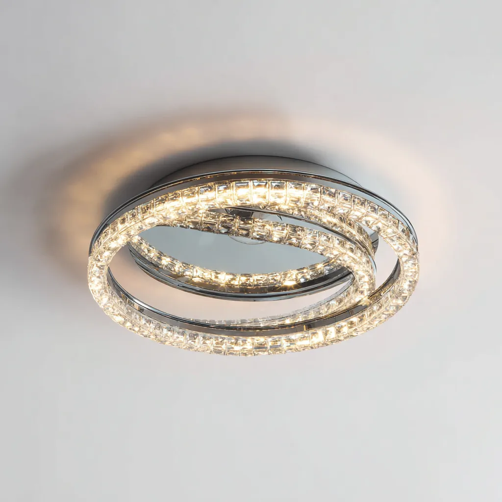 Plafonnier LED cristal 42x42 cm - argent - anneaux lumineux modernes-Interiorsta