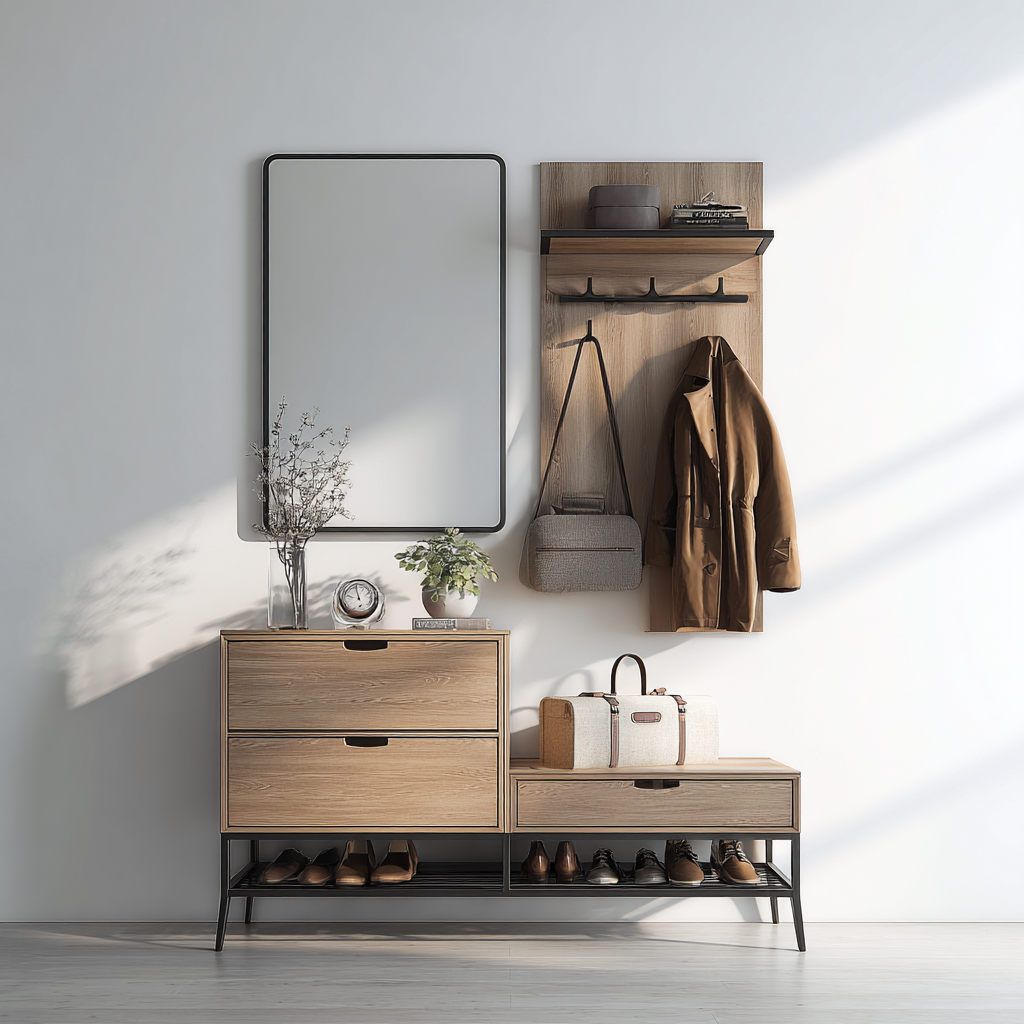 Porte manteau avec miroir mural et rangement bas en bois naturel 124x38x178 cm - beige - pour entrée - style moderne-Interiorsta