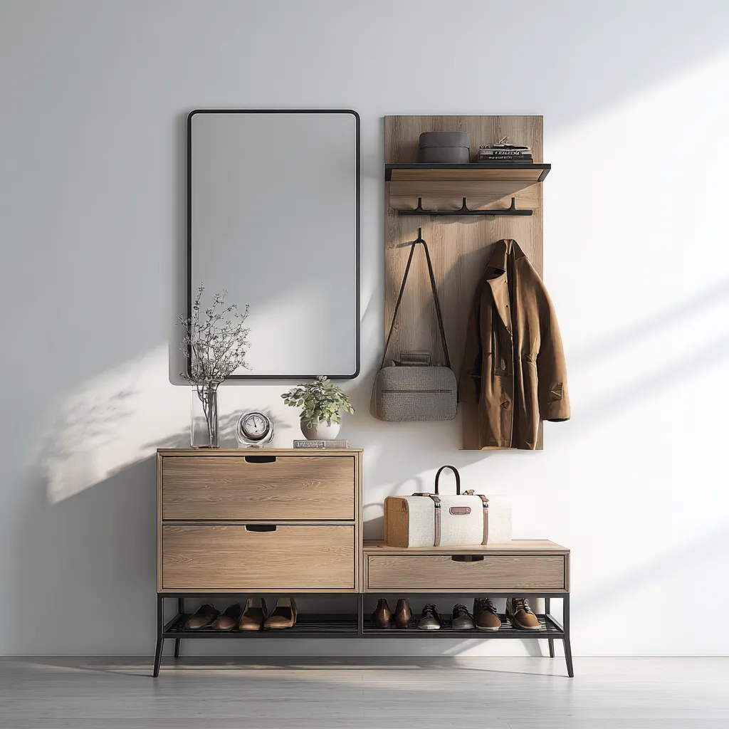 Porte manteau avec miroir mural et rangement bas en bois naturel 124x38x178 cm - beige - pour entrée - style moderne-Interiorsta