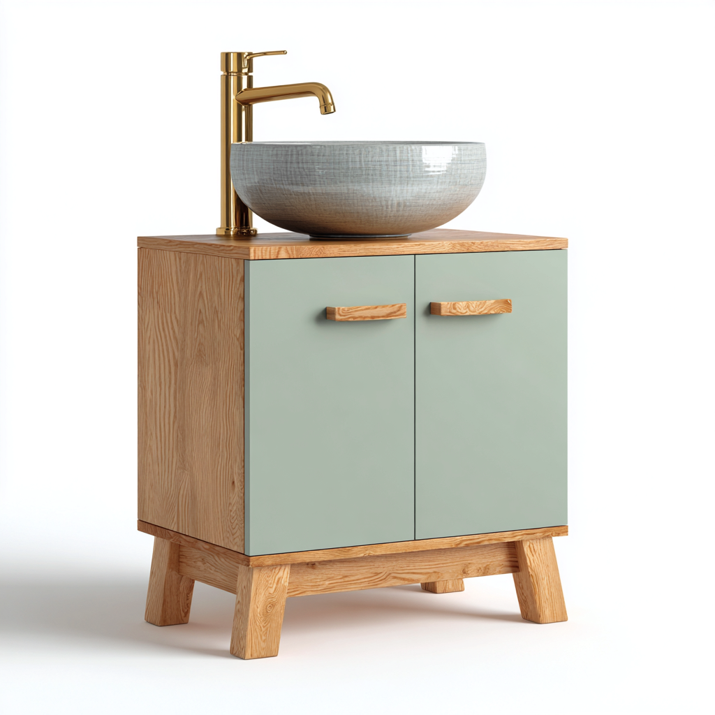 Meuble vasque-bois-céramique-82x47x91 cm-vert sauge-design scandinave-Interiorsta