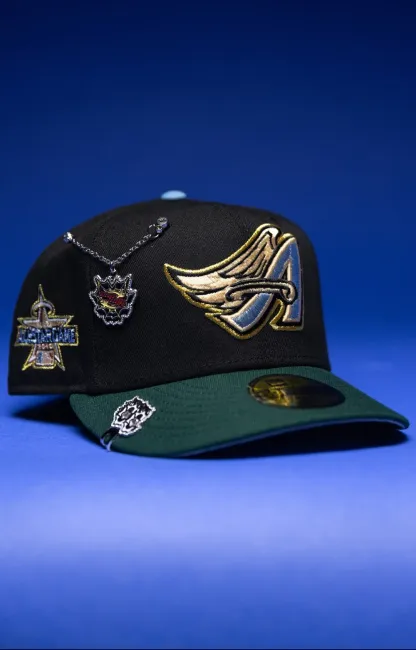 NEW ERA EXCLUSIVE 59FIFTY BLACK/FOREST GREEN ANAHEIM ANGELS W/ 2019 ALL STAR GAME SIDE PATCH THE SOUTH CAP
