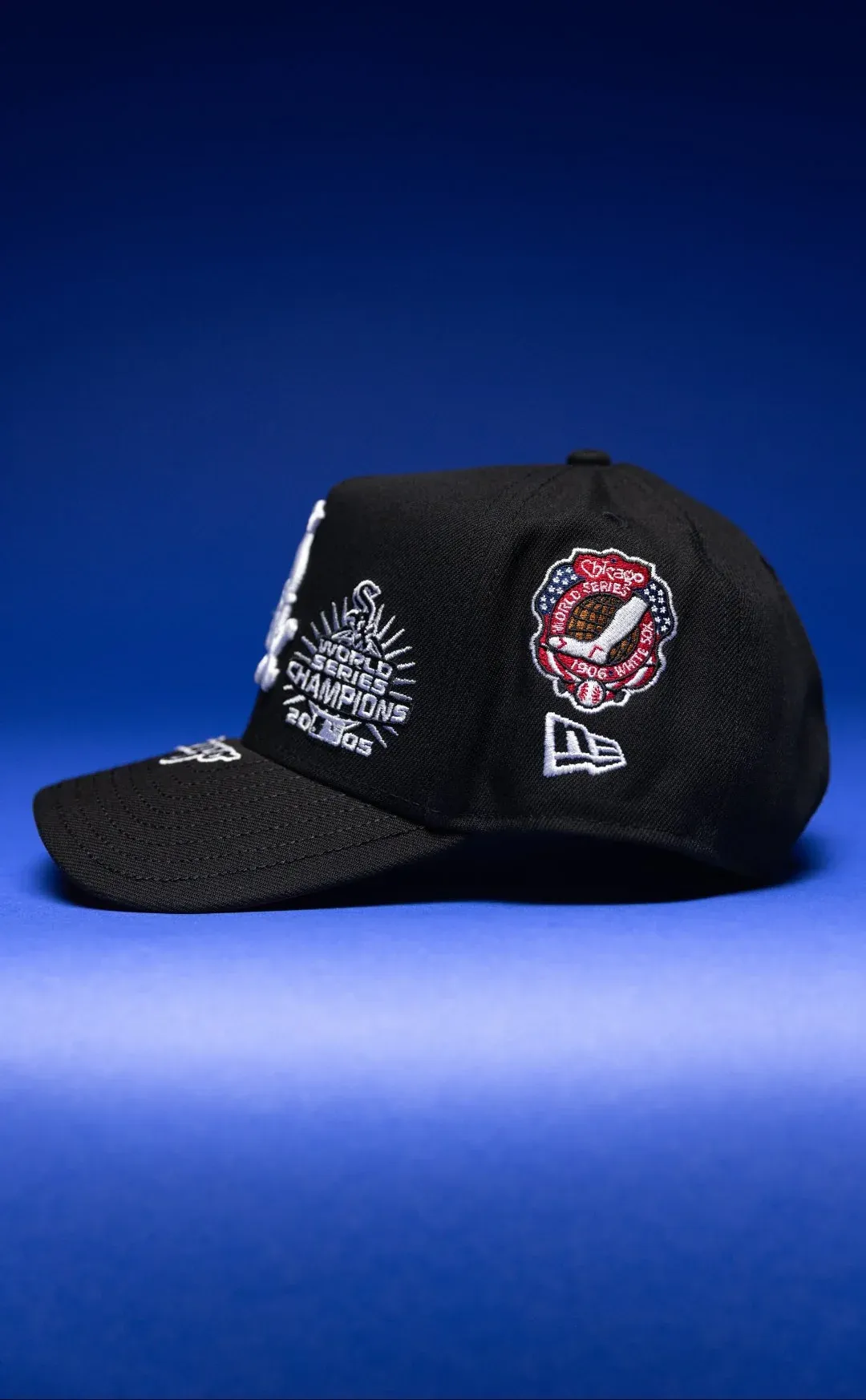NEW ERA 9FIFTY A-FRAME BLACK CHICAGO WHITE SOX SNAPBACK W/ WORLD SERIES EMBROIDERY PATCHES THE SOUTH CAP