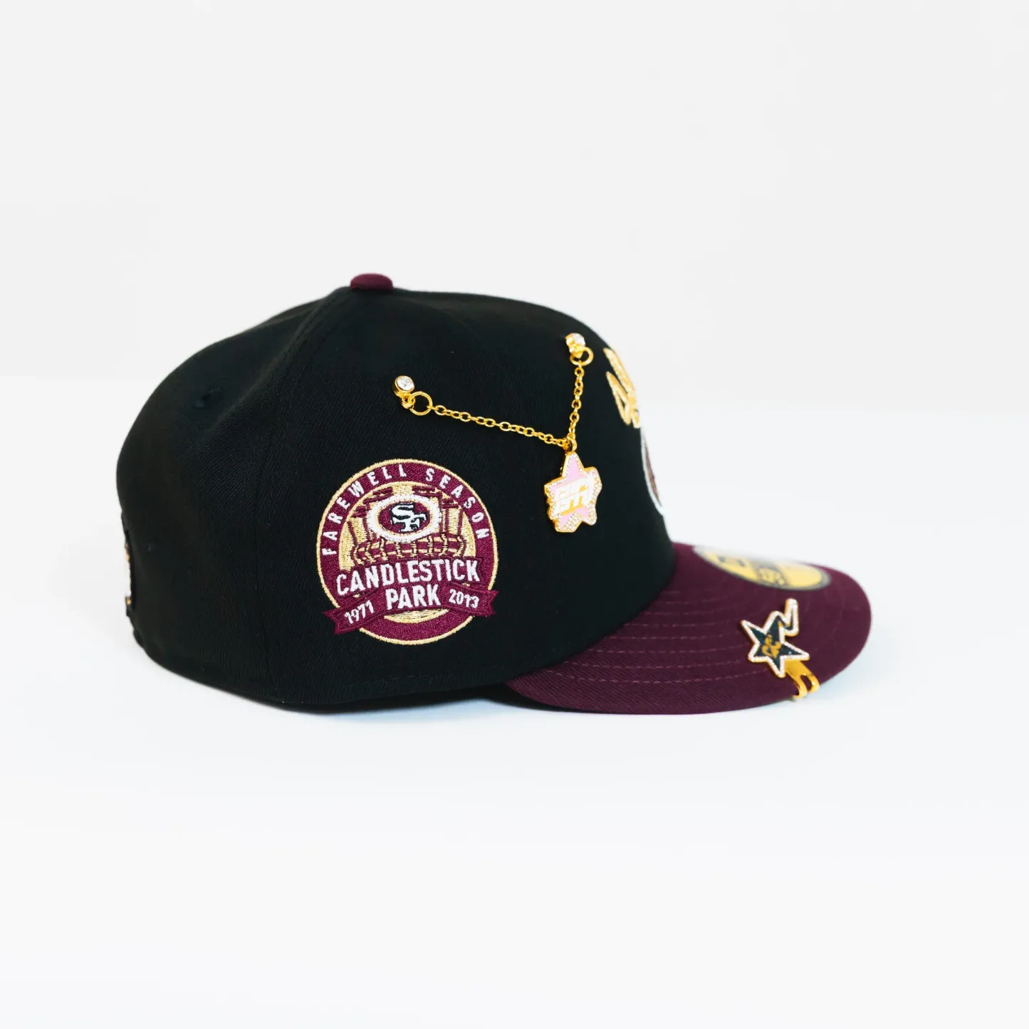 NEW ERA EXCLUSIVE 59FIFTY BLACK/ BURGUNDY "SAN FRANCISCO 49ERS" SCRIPT W/ PRO BOWL SIDE PATCH-Thesouthcaps