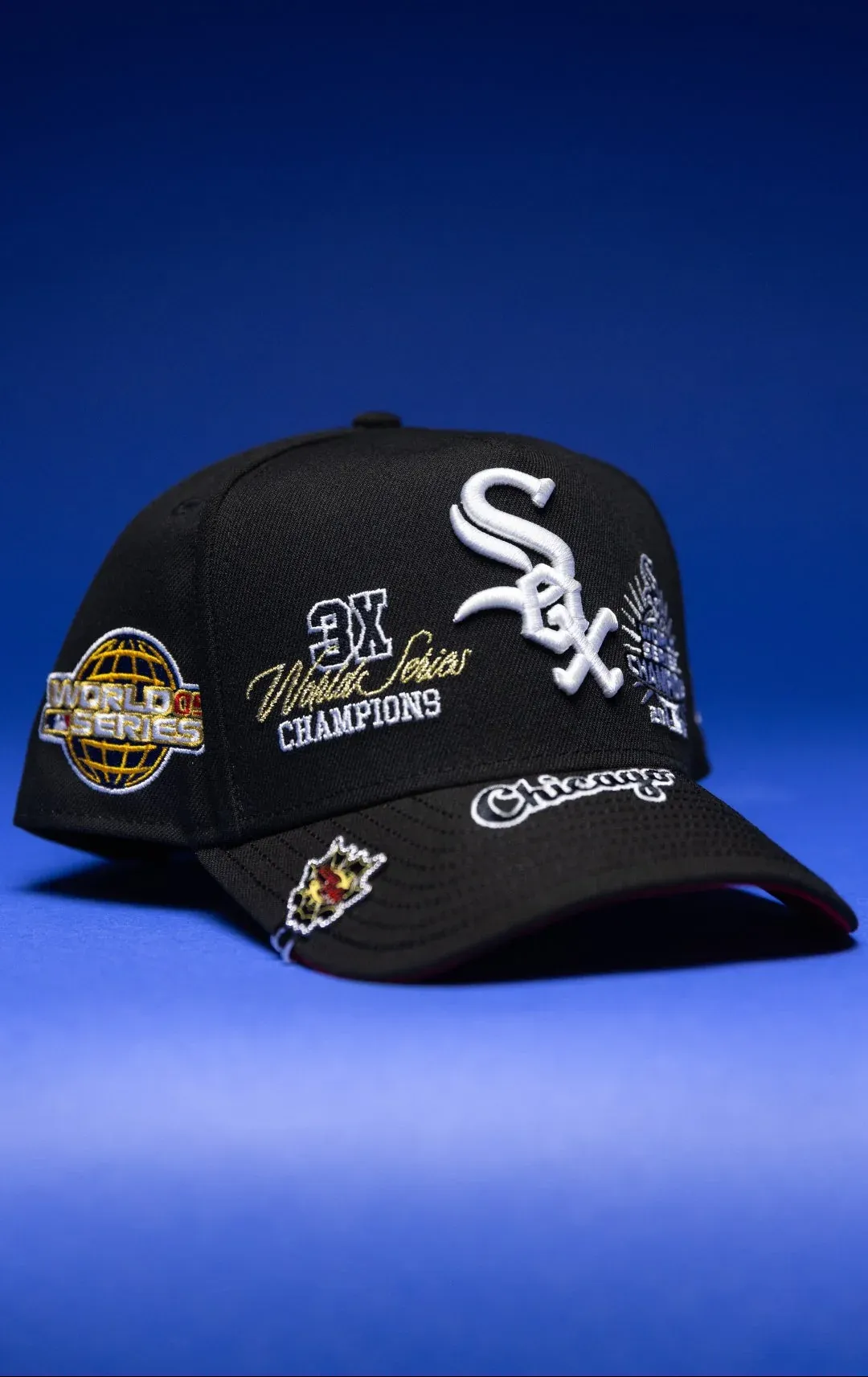 NEW ERA 9FIFTY A-FRAME BLACK CHICAGO WHITE SOX SNAPBACK W/ WORLD SERIES EMBROIDERY PATCHES THE SOUTH CAP