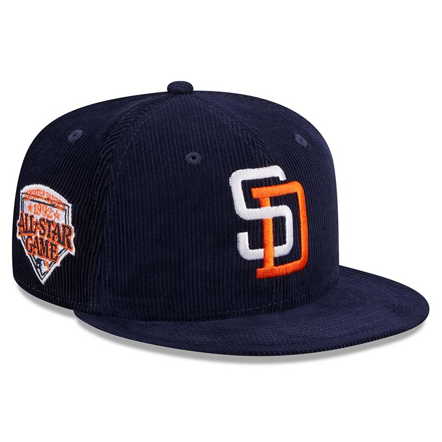 NEW ERA SAN DIEGO PADRES NAVY THROWBACK CORDUROY 1992 ASG PATCH GRAY UV 59FIFTY FITTED HAT THE SOUTH CAP