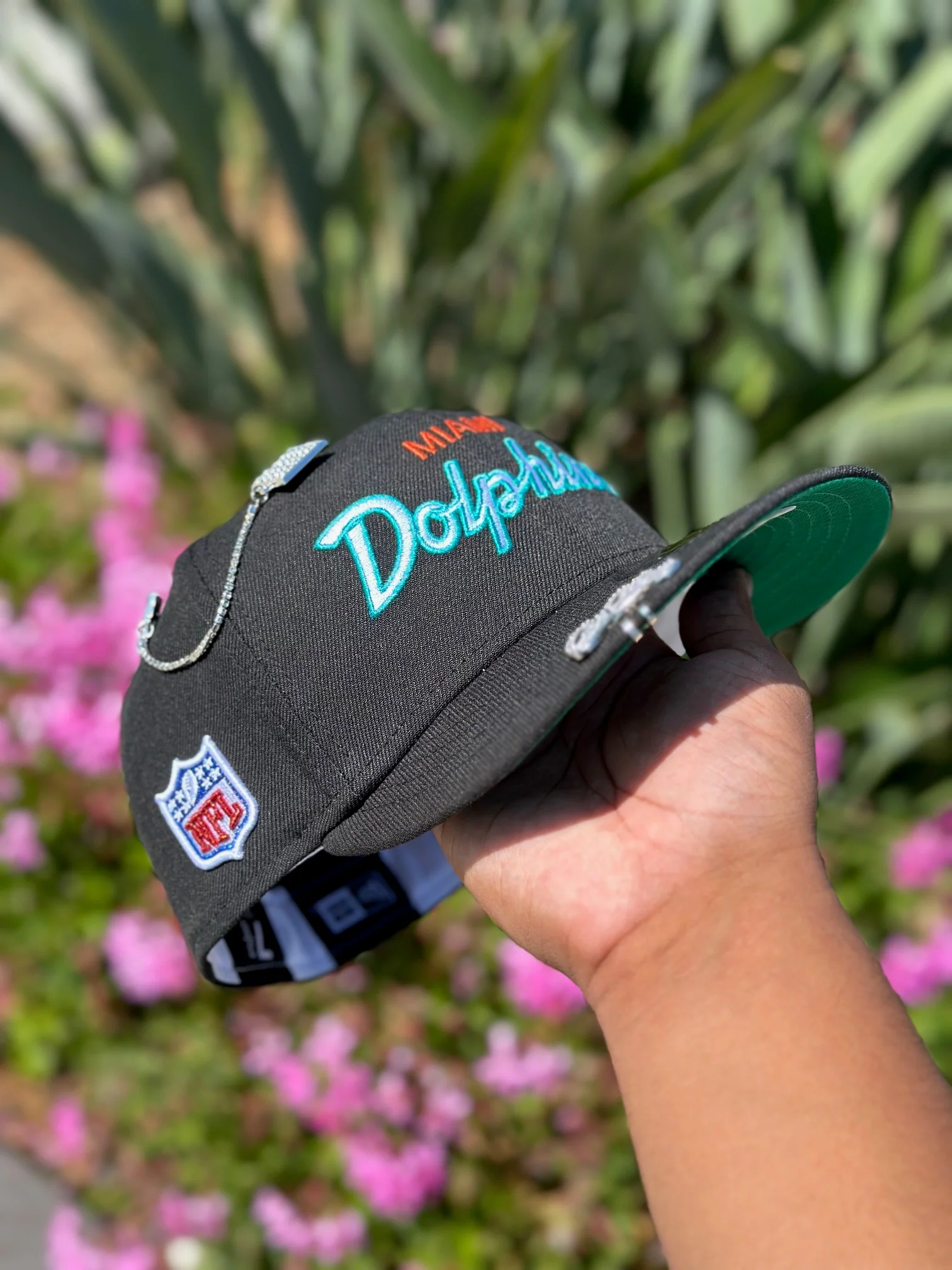 NEW ERA EXCLUSIVE 59FIFTY BLACK MIAMI DOLPHINS SCRIPT W/ NFL LOGO SIDE PATCH-Thesouthcaps