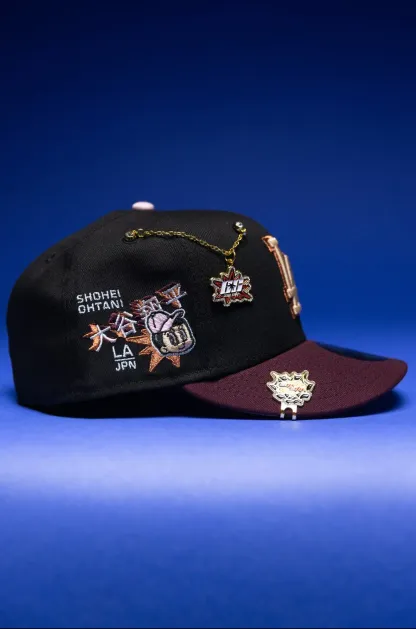NEW ERA EXCLUSIVE 59FIFTY BLACK/BURGUNDY LOS ANGELES DODGERS W/ SHOHEI OHTANI SIDE PATCH THE SOUTH CAP