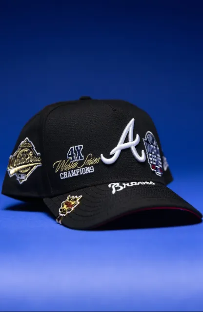 NEW ERA 9FIFTY A-FRAME BLACK ATLANTA BRAVES SNAPBACK W/ WORLD SERIES EMBROIDERY PATCHES THE SOUTH CAP