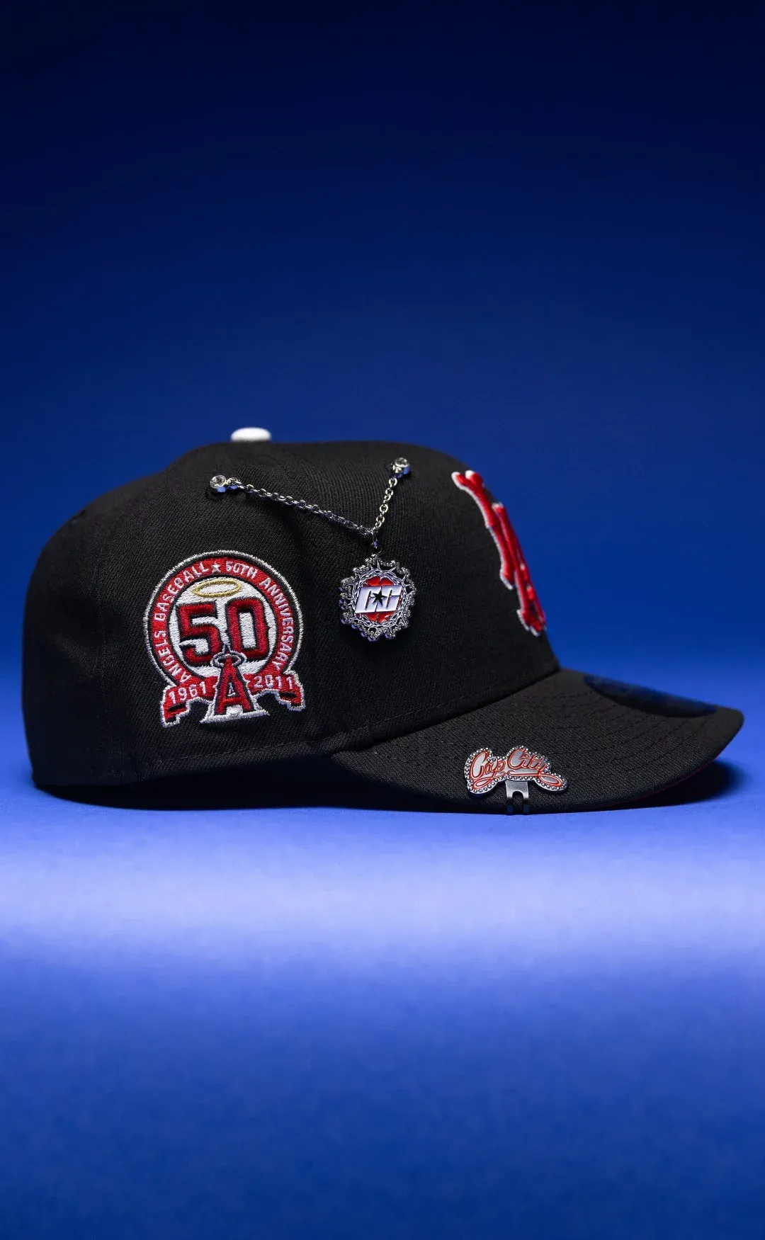 NEW ERA EXCLUSIVE 59FIFTY BLACK LOS ANGELES ANGELS W/ 50TH ANNIVERSARY SIDE PATCH THE SOUTH CAP