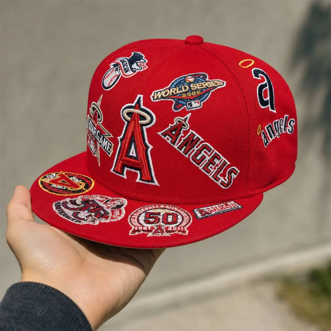 NEW ERA LOS ANGELES ANGELS HERITAGE PATCH SNAPBACK CAP – RED EMBROIDERED FLAT BRIM BASEBALL HAT-Thesouthcaps