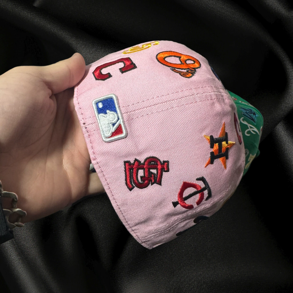 NEW ERA ALL OVER LOGO PINK EMBROIDERED CASUAL BASEBALL CAP-Thesouthcaps