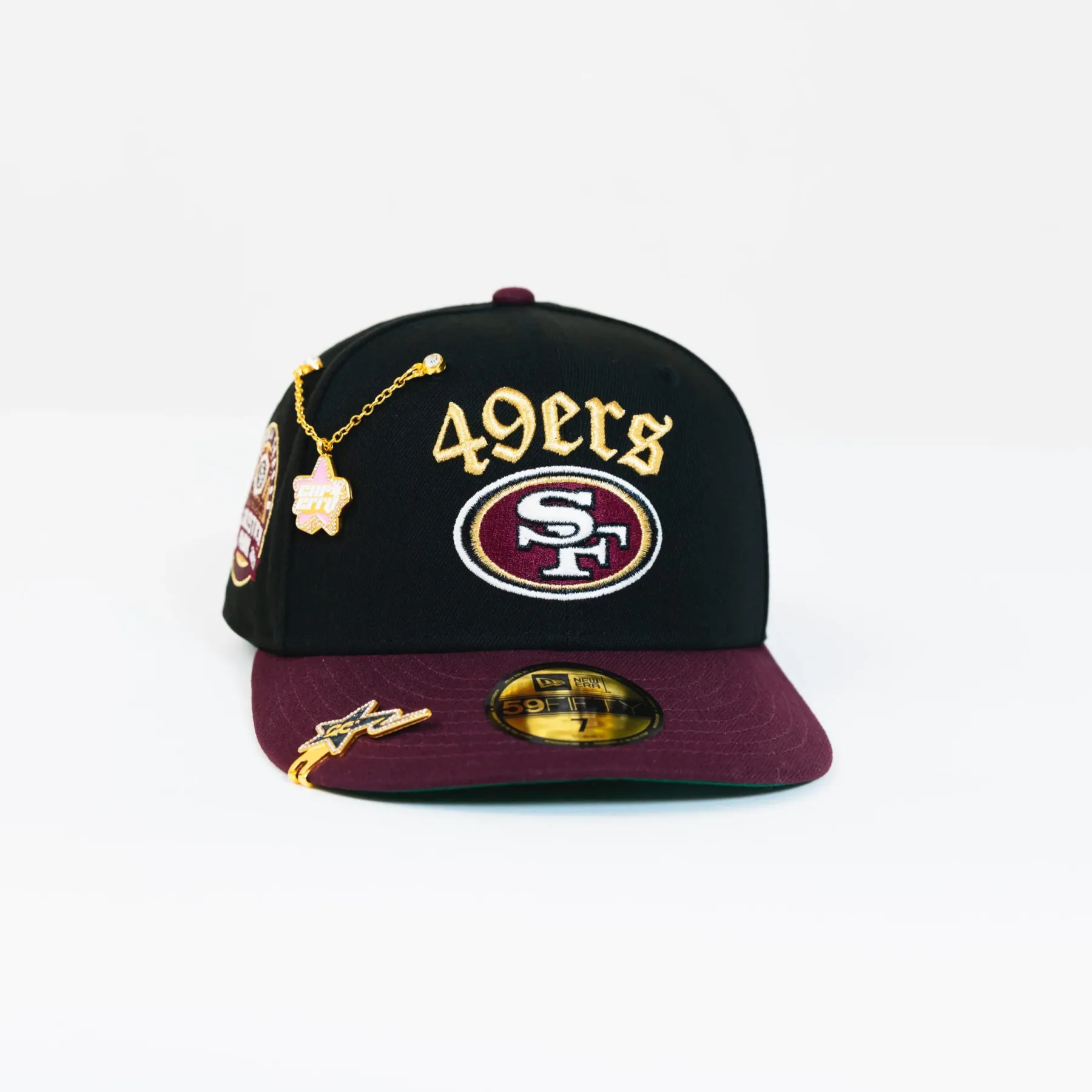 NEW ERA EXCLUSIVE 59FIFTY BLACK/ BURGUNDY "SAN FRANCISCO 49ERS" SCRIPT W/ PRO BOWL SIDE PATCH-Thesouthcaps