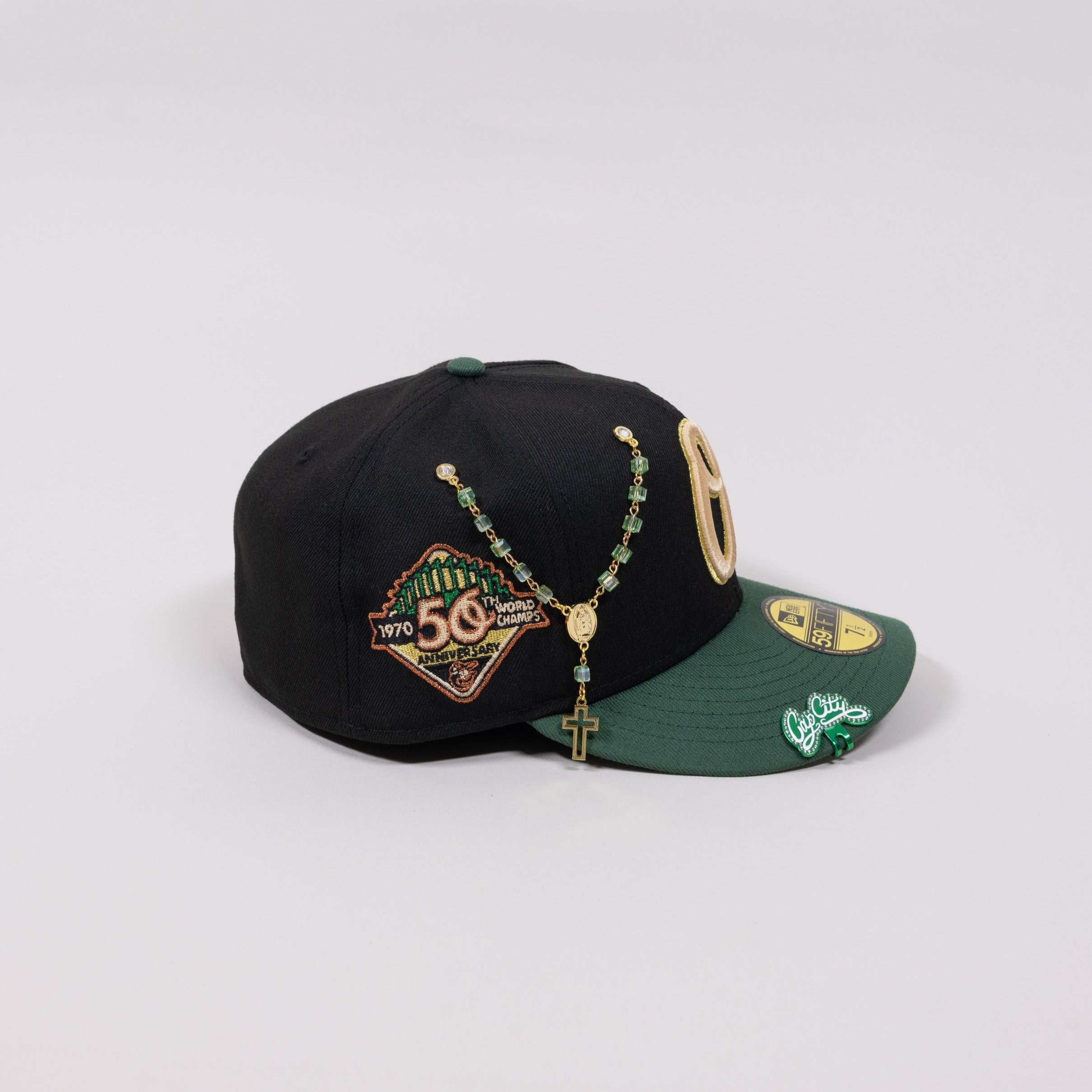 NEW ERA EXCLUSIVE 59FIFTY BLACK/ PINE GREEN BALTIMORE ORIOLES W/ 50TH ANNIVERSARY PATCH-Thesouthcaps