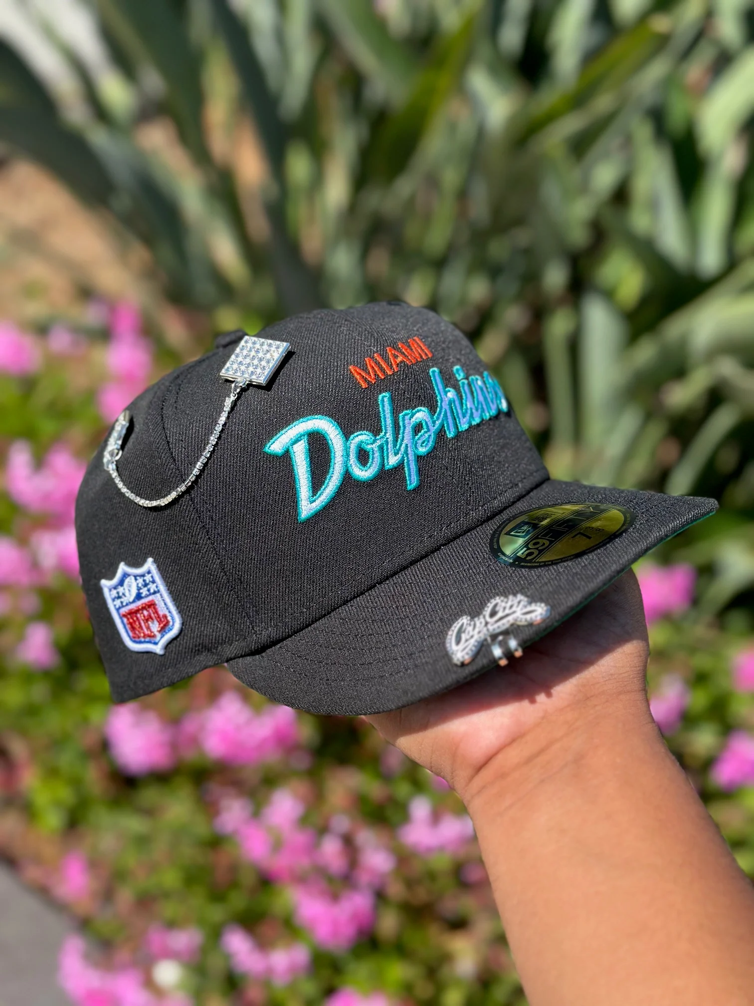 NEW ERA EXCLUSIVE 59FIFTY BLACK MIAMI DOLPHINS SCRIPT W/ NFL LOGO SIDE PATCH-Thesouthcaps