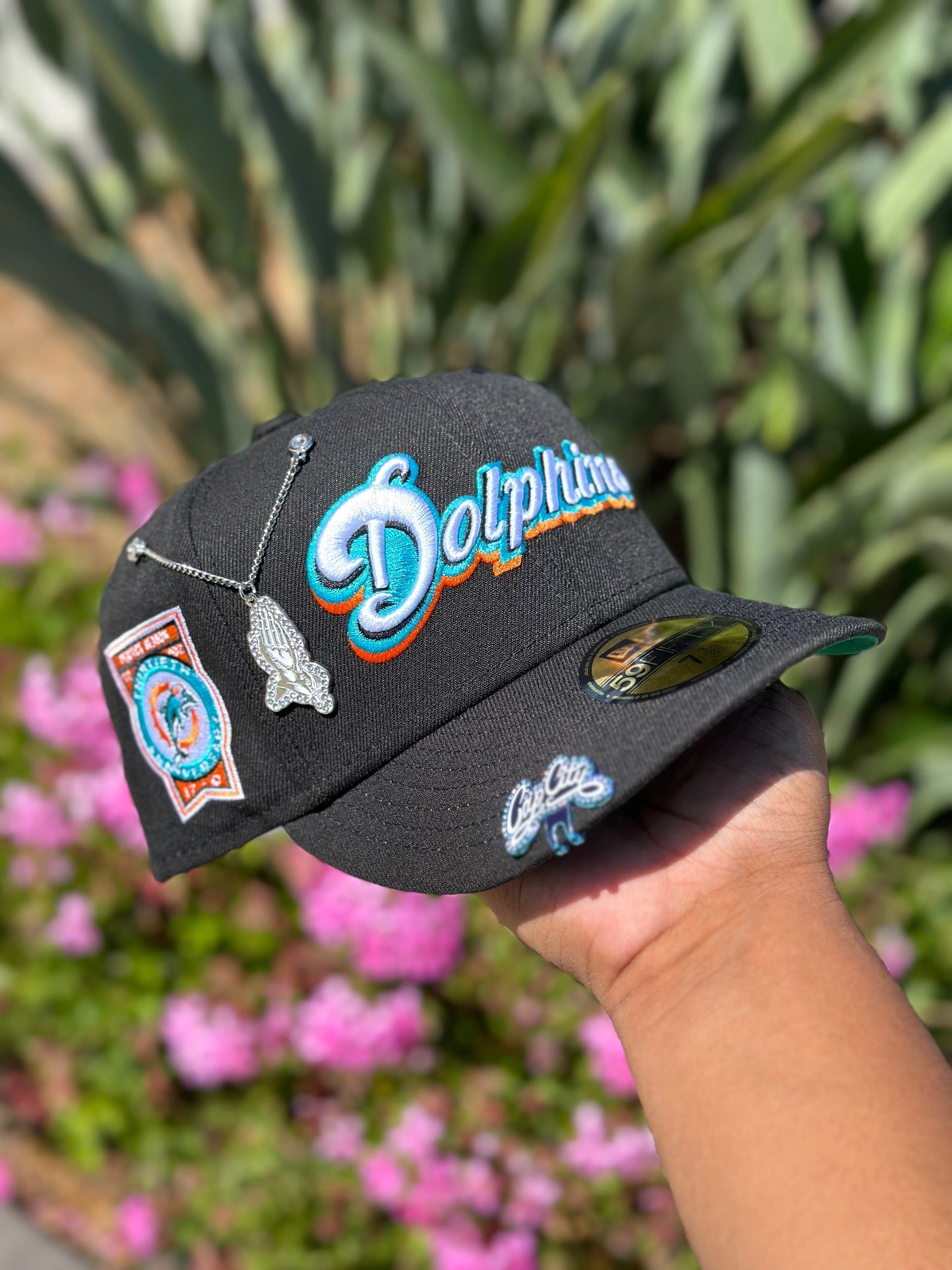 NEW ERA EXCLUSIVE 59FIFTY BLACK MIAMI DOLPHINS SCRIPT W/ 30TH ANNIVERSARY SIDE PATCH THE SOUTH CAP-Thesouthcaps