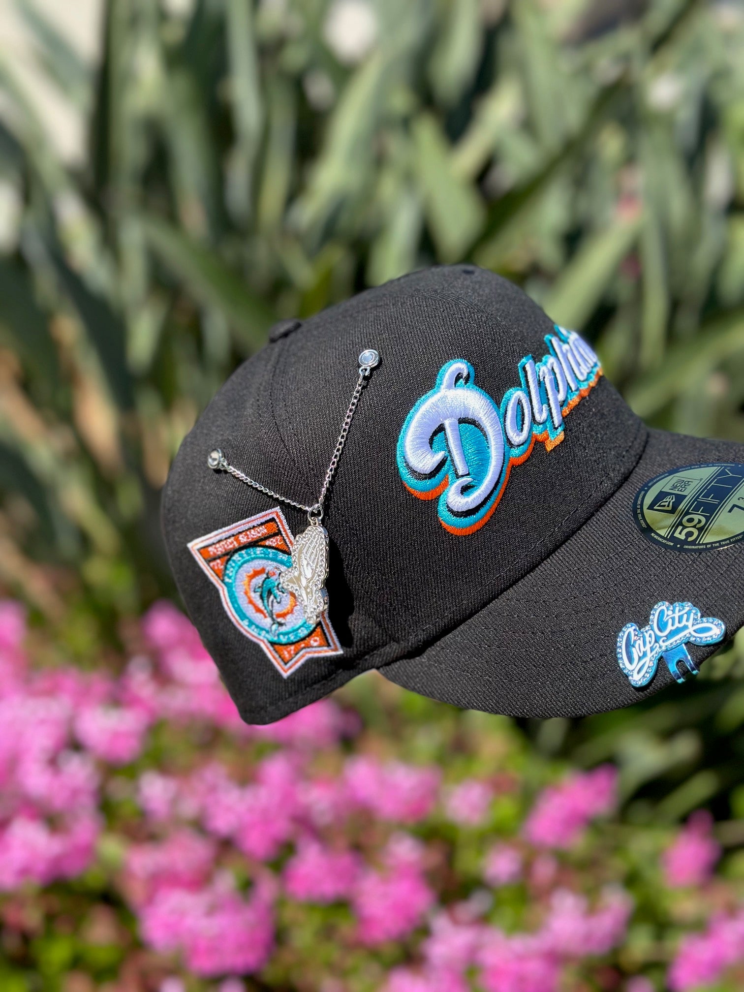 NEW ERA EXCLUSIVE 59FIFTY BLACK MIAMI DOLPHINS SCRIPT W/ 30TH ANNIVERSARY SIDE PATCH THE SOUTH CAP-Thesouthcaps
