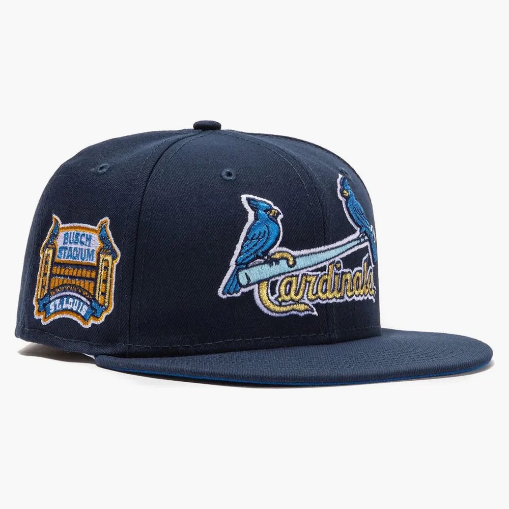 NEW ERA ST LOUIS CARDINALS BEER PACK BUSCH STADIUM PATCH JERSEY HAT CLUB EXCLUSIVE 59FIFTY FITTED HAT NAVY/LIGHT BLUE THE SOUTH CAP