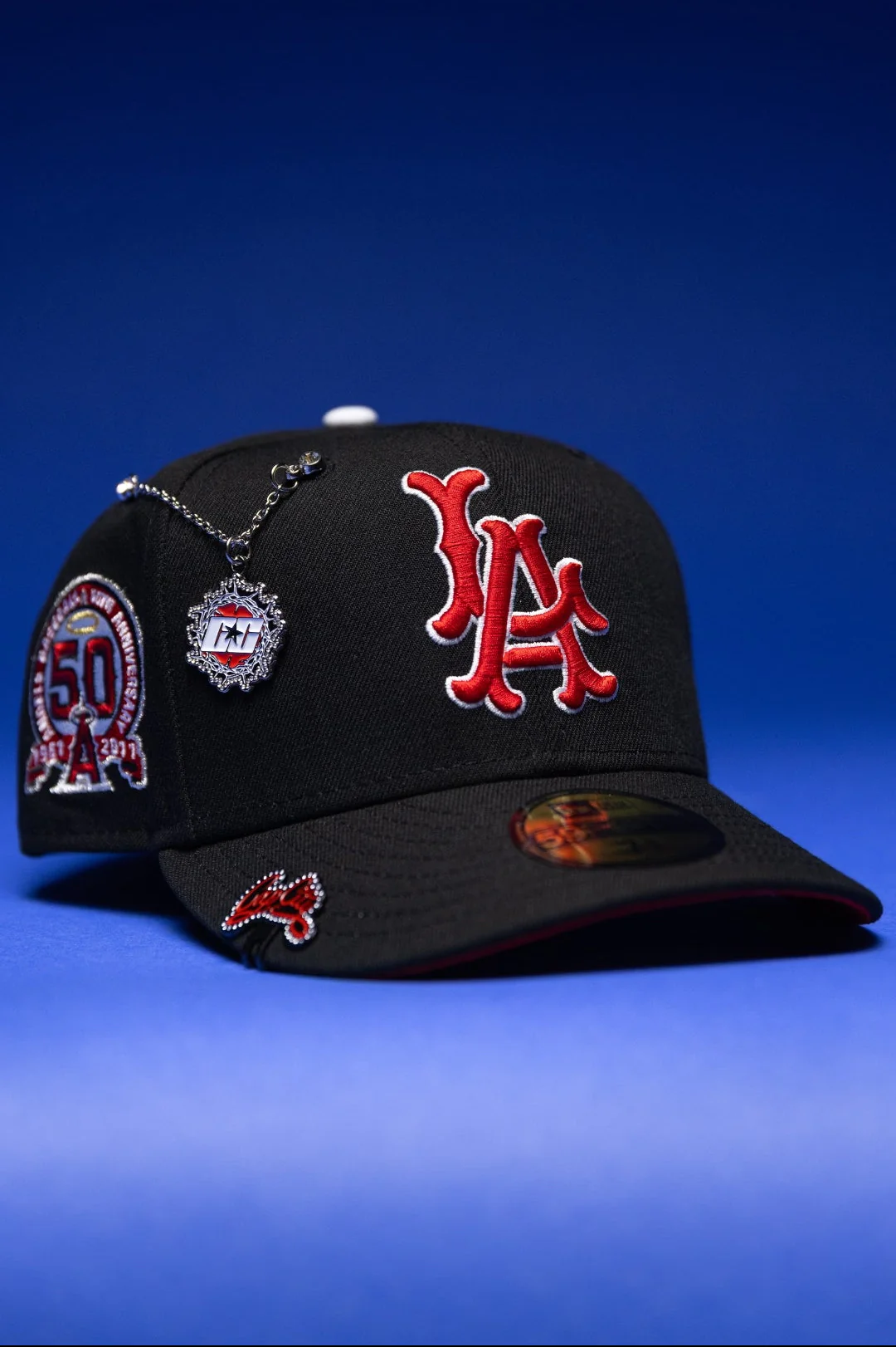 NEW ERA EXCLUSIVE 59FIFTY BLACK LOS ANGELES ANGELS W/ 50TH ANNIVERSARY SIDE PATCH THE SOUTH CAP