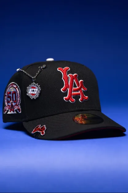 NEW ERA EXCLUSIVE 59FIFTY BLACK LOS ANGELES ANGELS W/ 50TH ANNIVERSARY SIDE PATCH THE SOUTH CAP