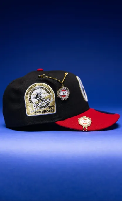 NEW ERA EXCLUSIVE 59FIFTY BLACK/RED BALTIMORE ORIOLES W/ 30TH ANNIVERSARY SIDE PATCH THE SOUTH CAP