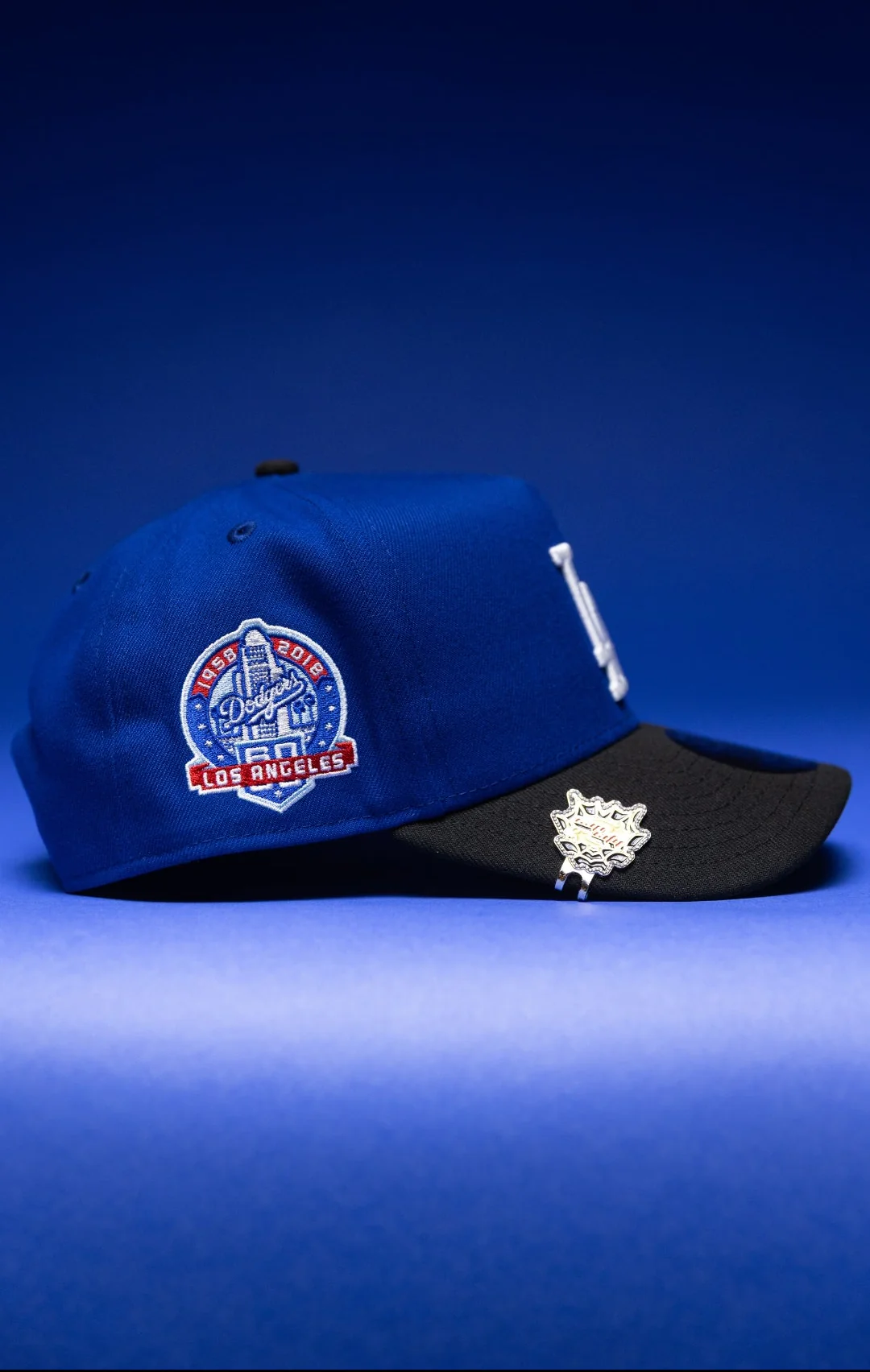 NEW ERA 9FIFTY A-FRAME BLUE/BLACK LOS ANGELES DODGERS SNAPBACK W/PALM TREES + 60TH ANNIVERSARY SIDE THE SOUTH CAP