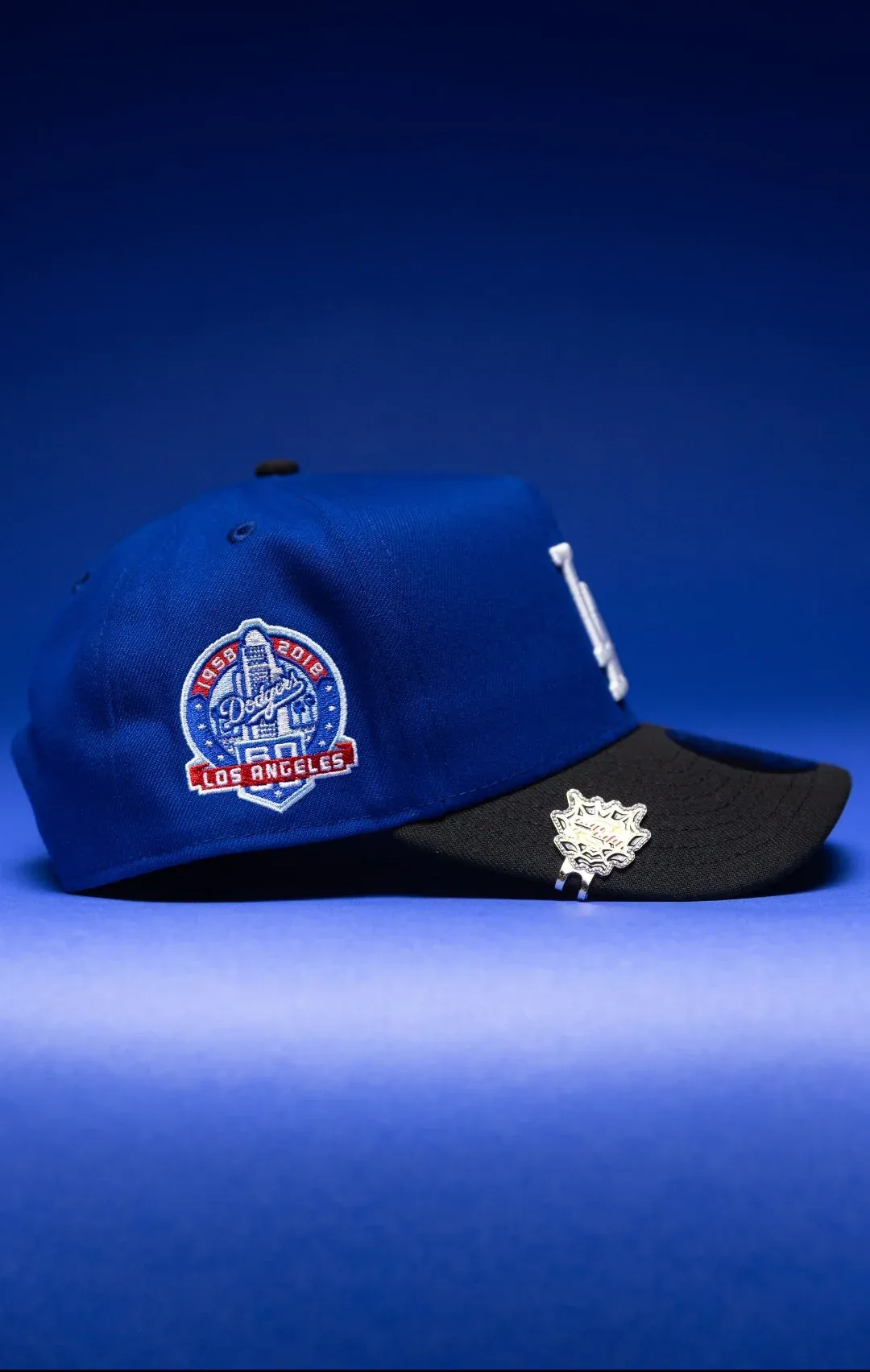 NEW ERA 9FIFTY A-FRAME BLUE/BLACK LOS ANGELES DODGERS SNAPBACK W/PALM TREES + 60TH ANNIVERSARY SIDE THE SOUTH CAP