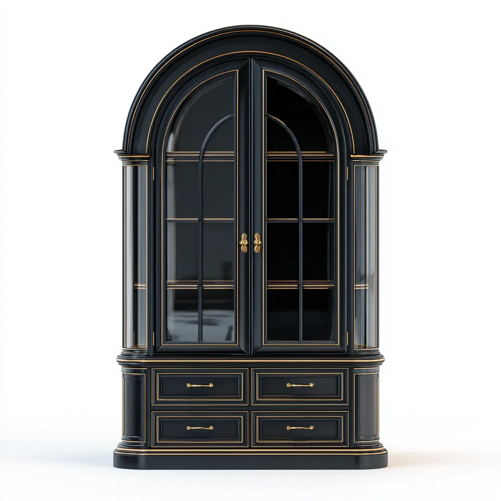 Vetrina in legno con ante a vetro 110x45x190 cm - nero-oro - stile classico per soggiorno-Domainene